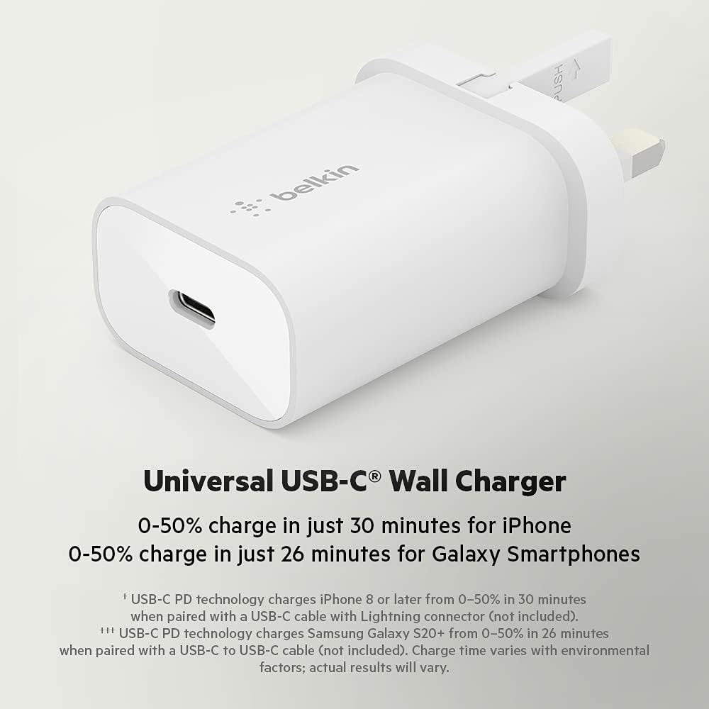 Belkin BoostCharge 25W Wall Charger with PPS, USB Plug with USB-C Power Delivery, Fast Travel USB Charger for iPhone 17, Air,, Samsung Galaxy S25, iPad, Pixel, tablets and more - White
