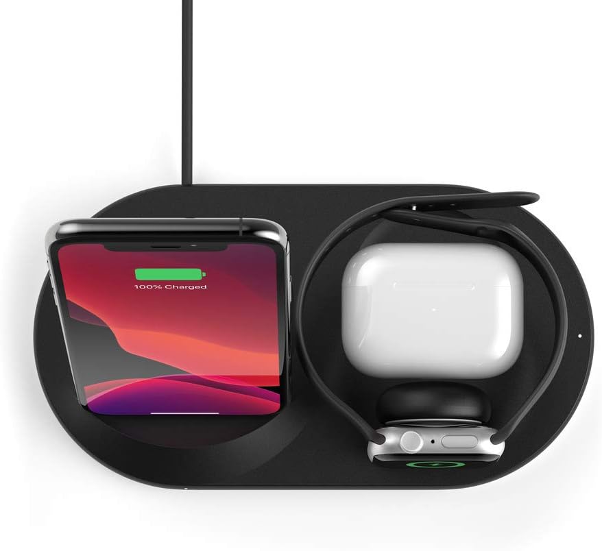 Belkin 3 in 1 Wireless Charging Station, 7.5W Wireless Charger for iPhone, Apple Watch and AirPods, Wireless Charging Dock, iPhone Charging Dock, iPhone 16, 15, 14, Apple Watch series 10, 9, 8 - Black
