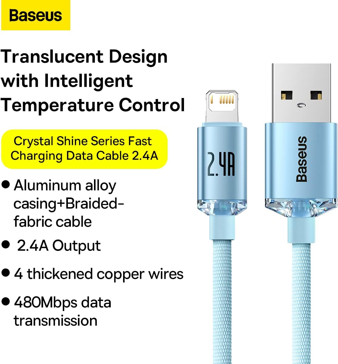 Baseus Crystal Shine USB-A to Lightning Cable 2.4A — 1.2m — Sky Blue