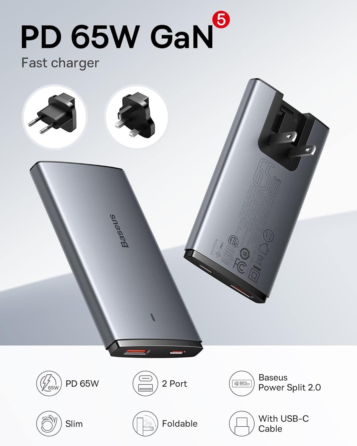 Baseus 65W Ultra-Slim Fast Charger, Dual Port Travel Adapter, UK + EU + US Wall Charger Plug With 100W USB C Cable — 65W-EU-C+A — Black