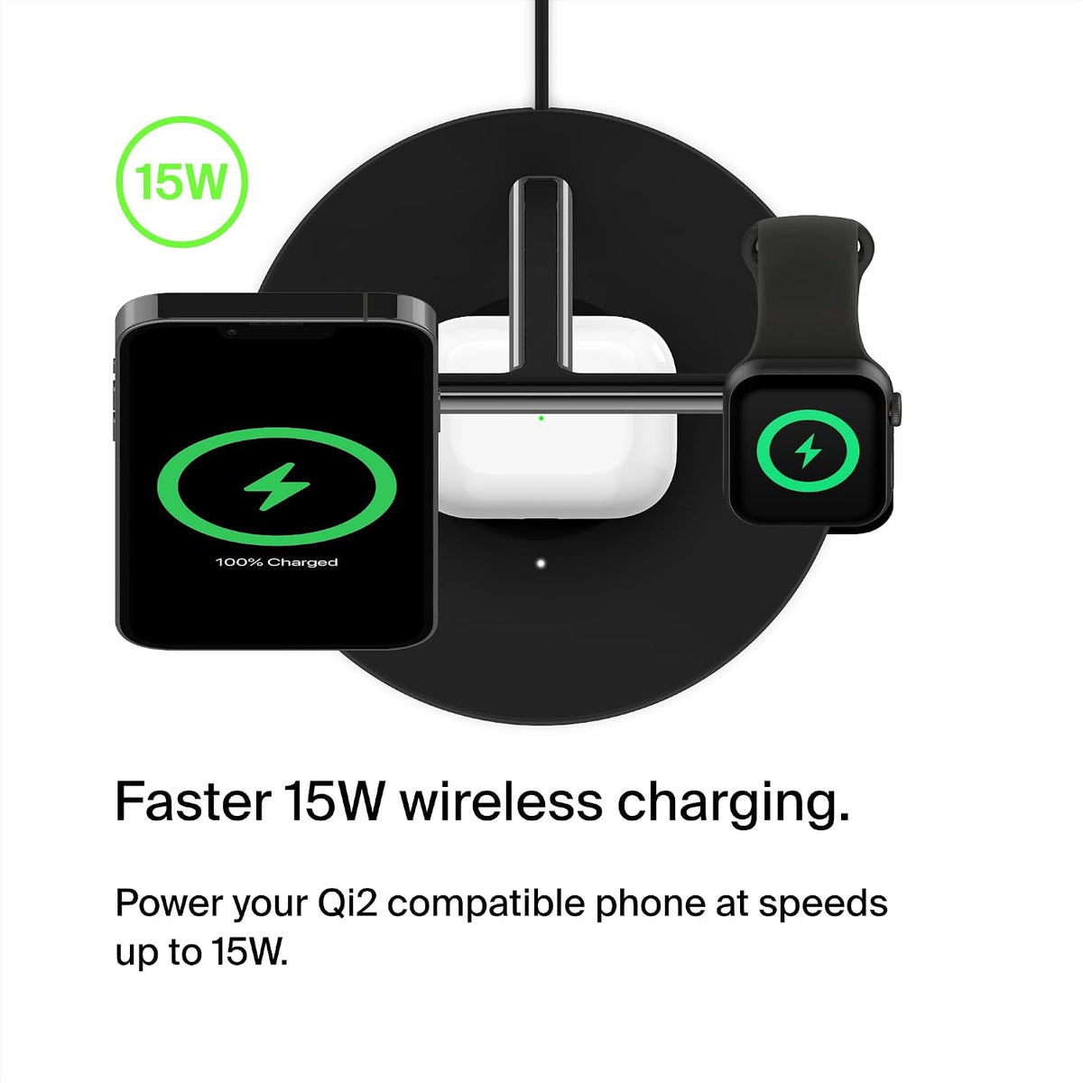 Belkin BoostCharge Pro 3-in-1 Wireless Charger with Qi2 for iPhone 17, Air, 16, 15, 14, 13, 12 + Apple Watch + AirPods + Pixelsnap, 15W MagSafe Compatible Charging Station - Black