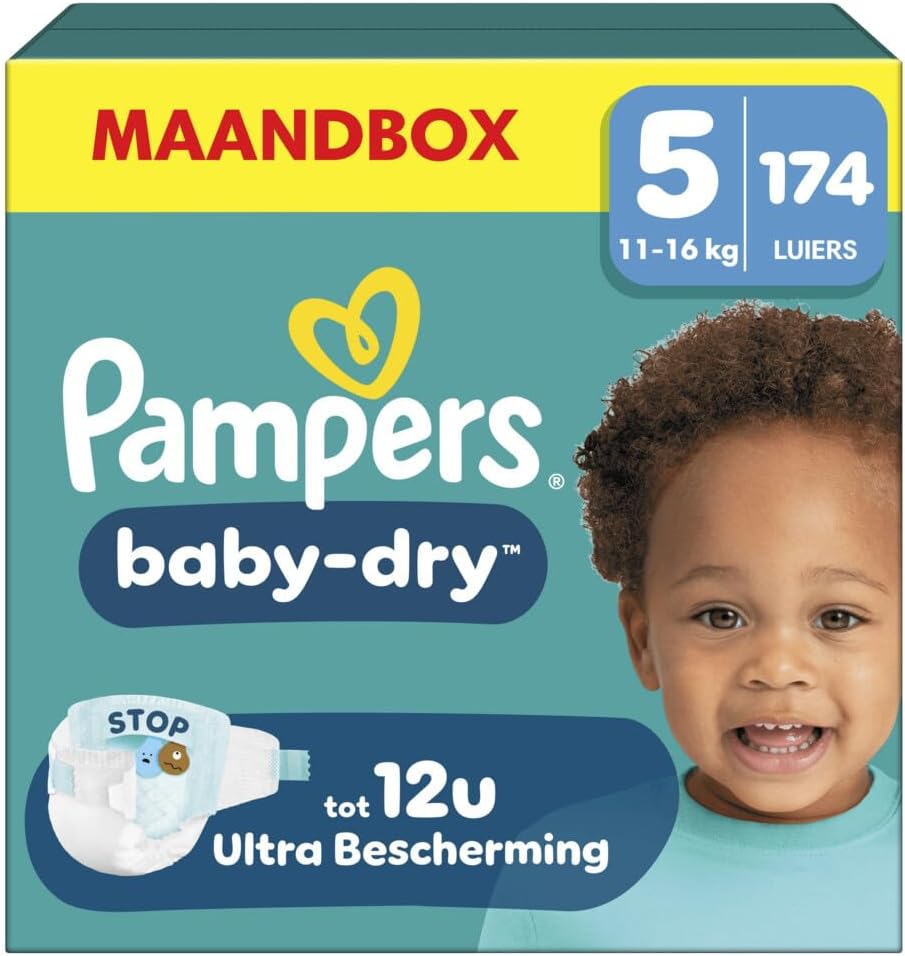 Pampers Baby Diapers. Size 5 (11-16 kg), 174 baby diapers, pack 1 month, up to 12 hours dry with a Stop & Protect pocket, Now with more diapers.