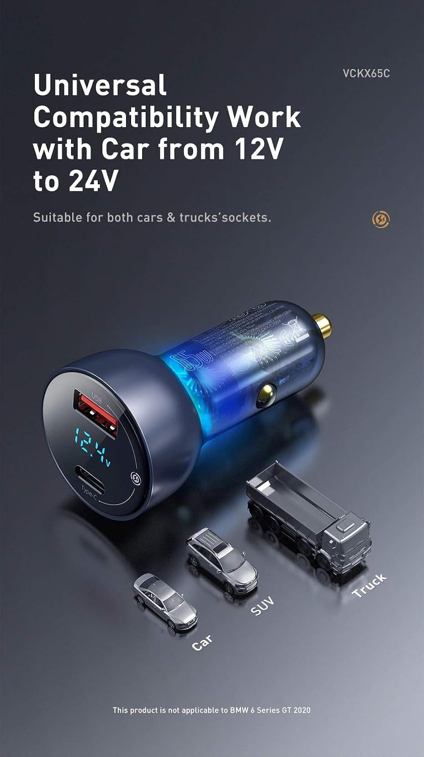 Baseus Particular Digital Display QC + PPS Dual Quick Charger Car Charger 65W With Mini White 1m 5A C-C Cable Black With E-mark ChLightning 1m 100W — 65W - C+A W/Cable — Black