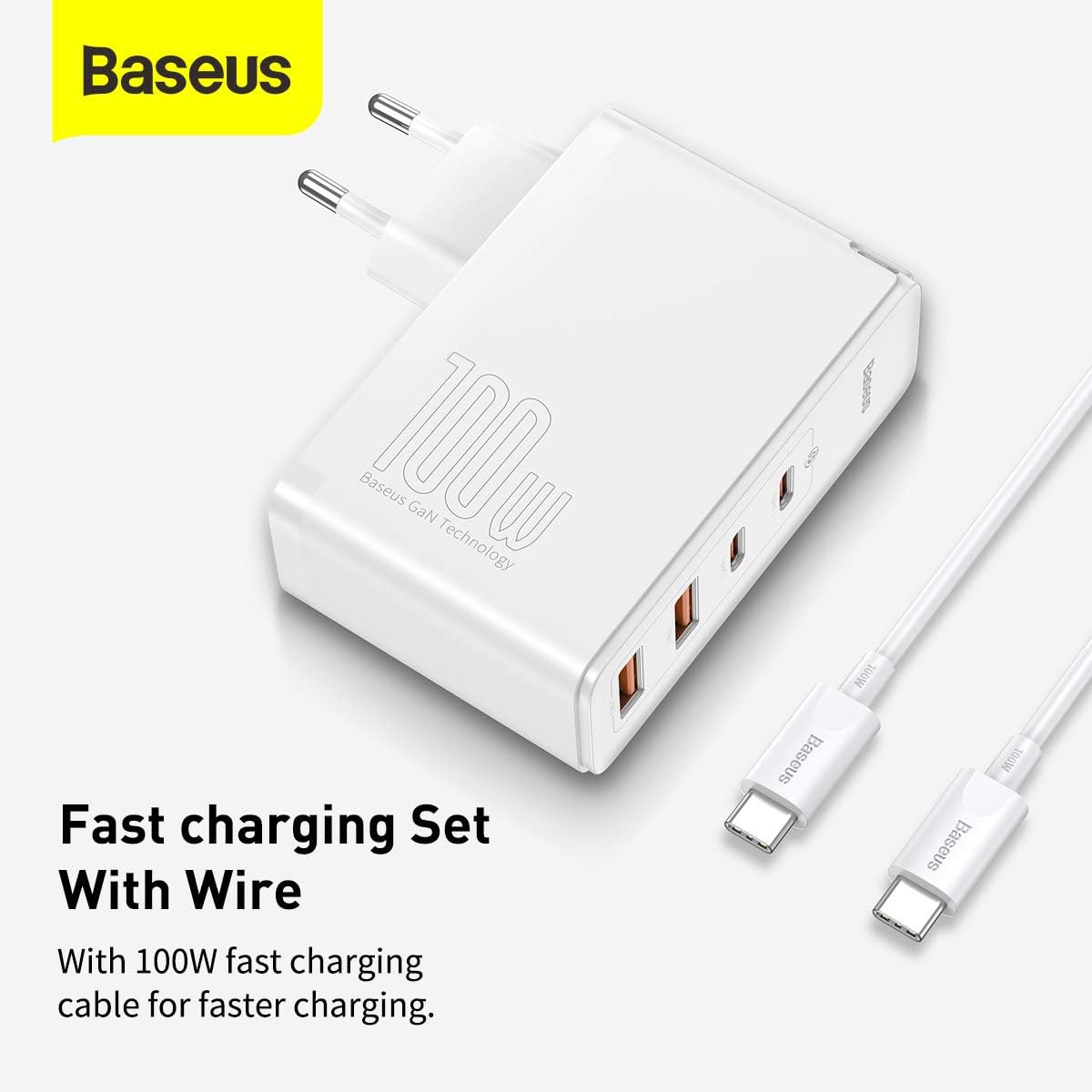Baseus 100W GaN Charger 4-Port Fast Charging Adapter USB-C PD 3.0 Quick Charger for Laptop, MacBook, iPhone 13 Pro Max, Samsung Galaxy, Xiaomi, Tablets — 100W-EU-2C+2A — White
