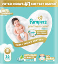 Pampers Premium Care Pant Style Baby Diapers S 26 Count | No Marks Design | Voted India’s #1 Softest Diaper | All in 1 diaper with 360 Cottony Softness