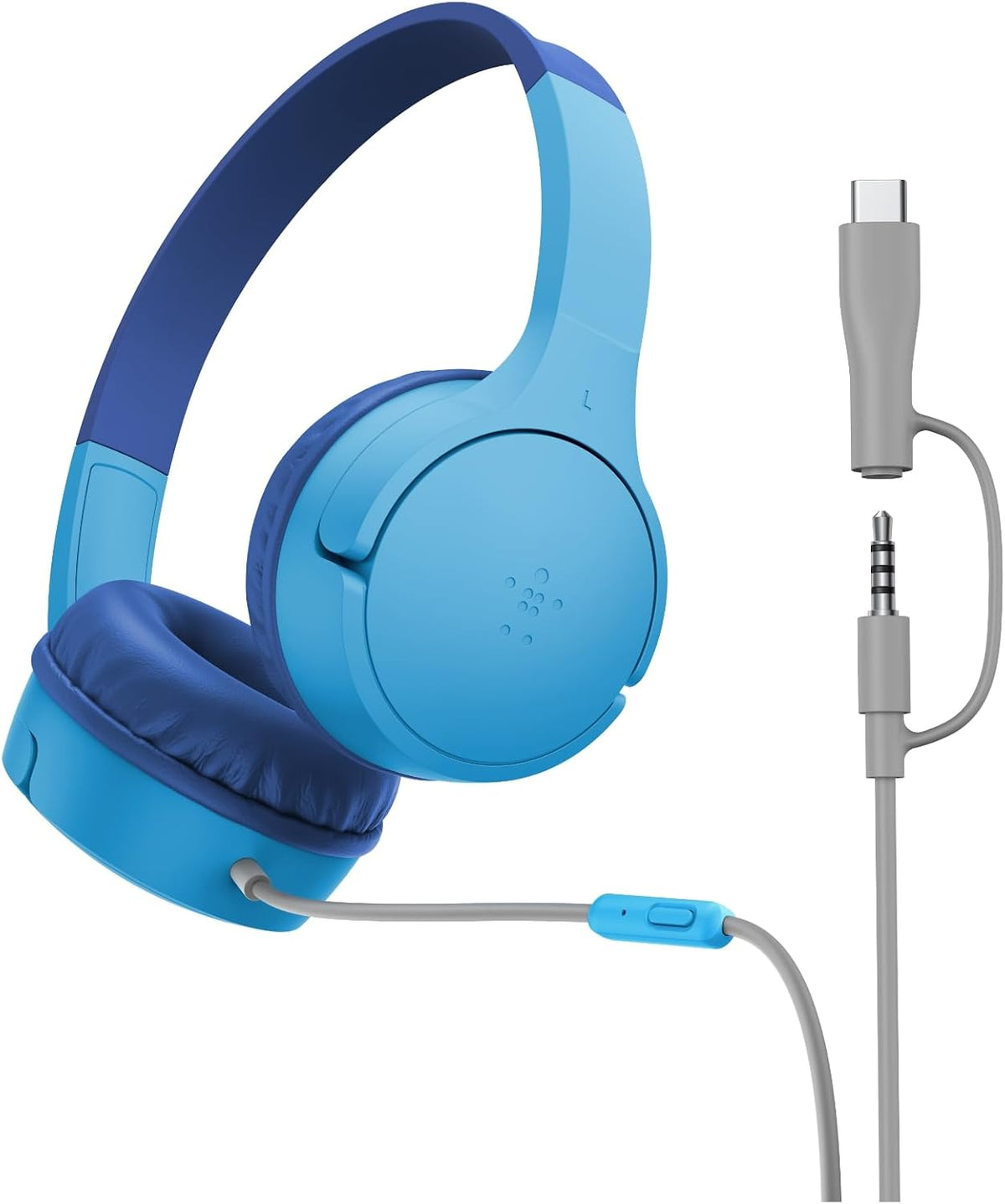 Belkin SoundForm Mini Kids Wired Headphones with USB-C to 3.5mm Dongle, Built-in Mic & Fun Stickers, 85dB Max Volume – for Online Learning, Travel, Compatible with iPhone, iPad, Galaxy, etc - Blue