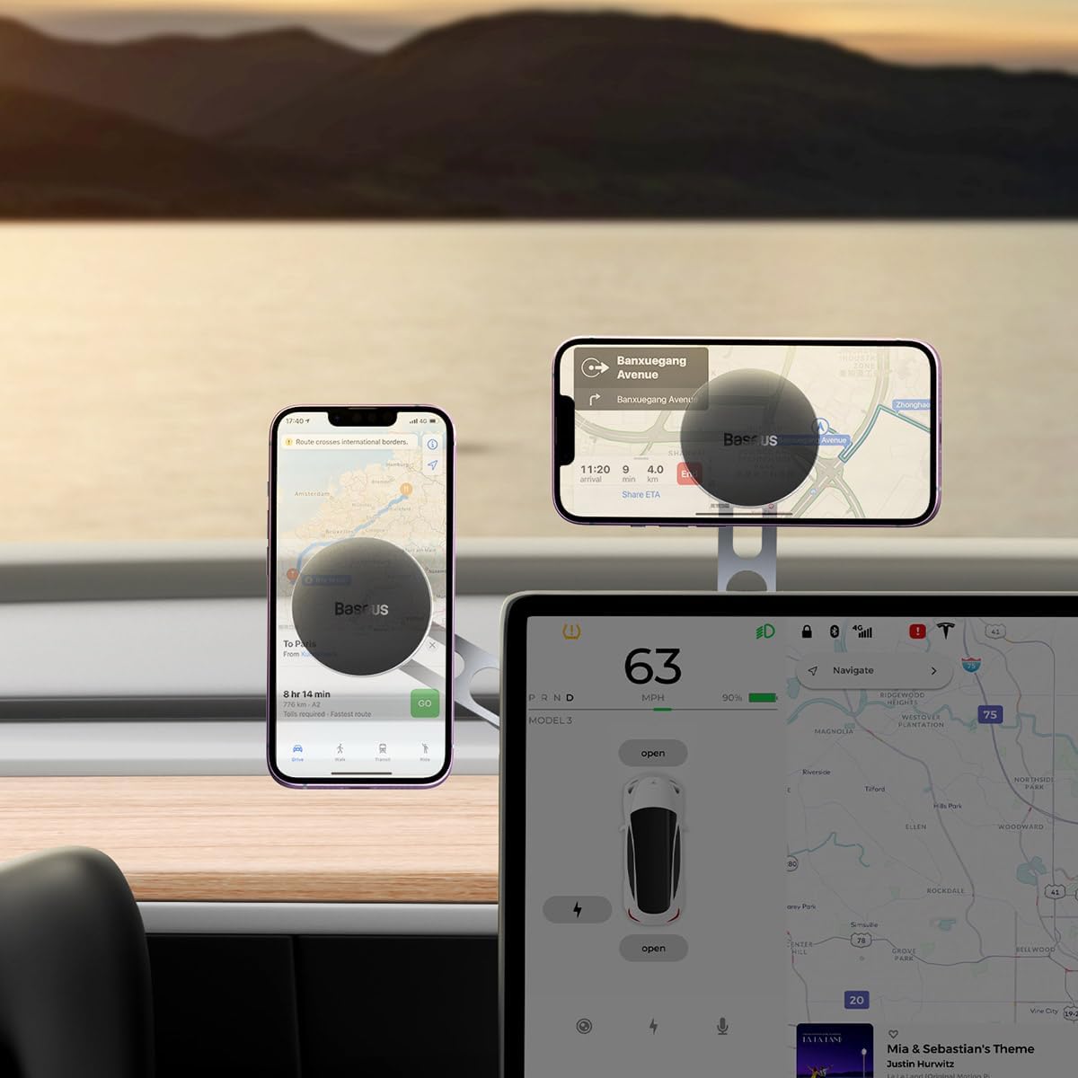Baseus Magnetic Car Phone Holder for Tesla Car Screen, Dashboard & Center Console, 360° Rotation Car Phone Mount — 360°-Magnetic-T Space — Silver
