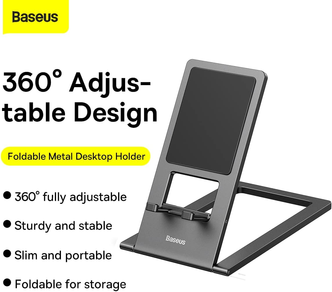 Baseus Metal Stand Desktop Holder, Fully Foldable Holder for Desk, Desktop Mobile Phone Cradle Dock — For Phones (Foldable) — Grey
