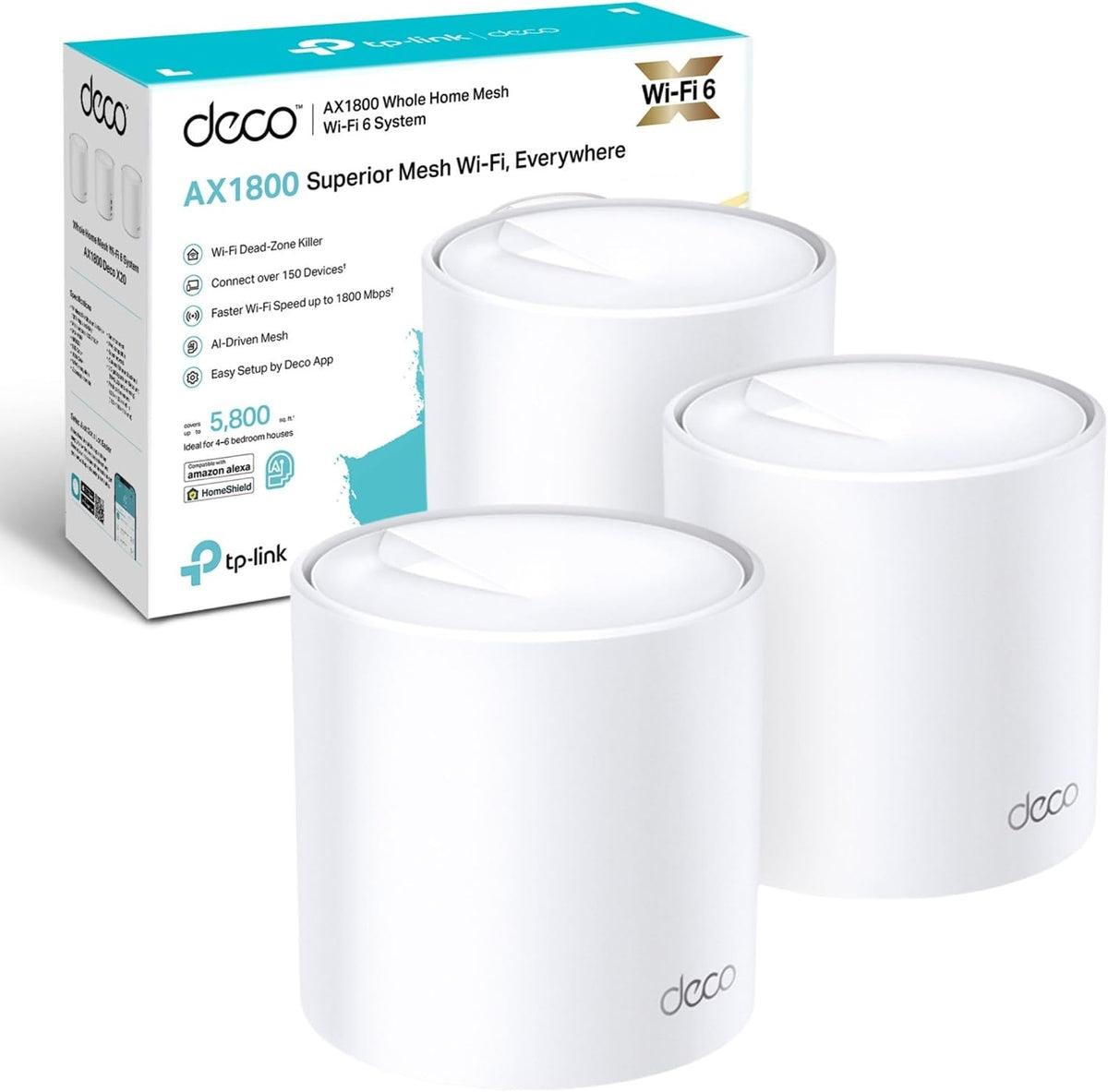 TP-Link Deco X20 AX1800 Whole Home Mesh WiFi 6 System, AI-Driven Mesh, Up to 5,800 Sq ft Coverage, 1 GHz Quad-Core CPU, Compatible with Amazon Alexa, With TP-Link HomeShield's kit, Pack of 3, White
