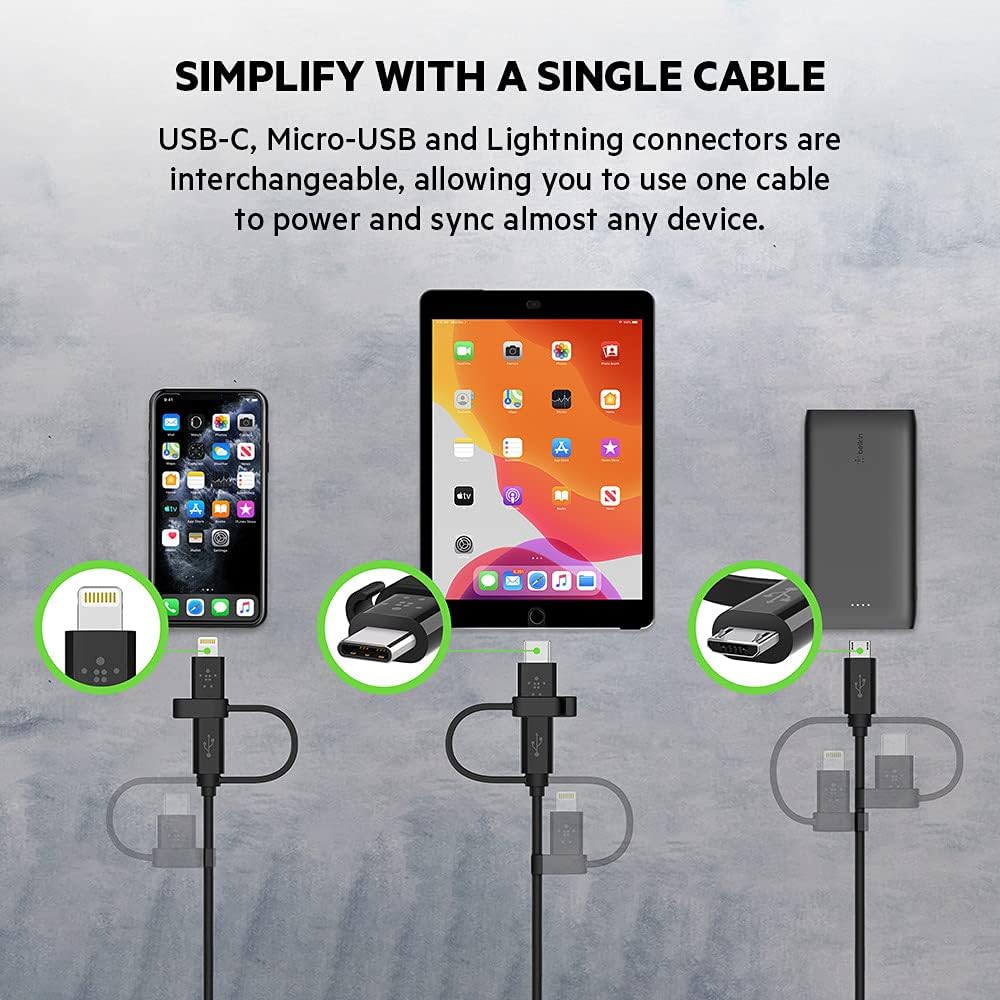 Belkin Universal Cable (3-in-1 USB-C, Lightning, Micro-USB Charging Cable) Charge Smartphones, Tablets, Power Banks and more (3.3ft/1m)