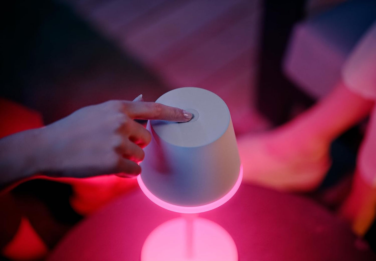 Philips Hue White & Color Ambiance Go Portable Table Lamp (530 lm), Dimmable Table Lamp for Hue Lighting System with 16 Million Colours, Smart Light Control via Voice or App, White — black