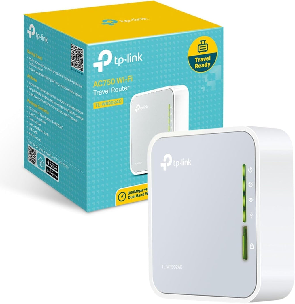 TP-Link TL-WR902AC AC750 WLAN Nano Router (433Mbps (5GHz) +300Mbps (2.4GHz) (Portable, Access Point, TV Adapter, Repeater, Router, Client, Media, FTP Server), White/Grey