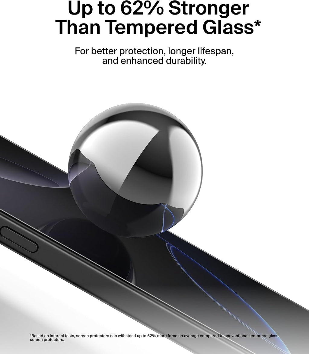 Belkin ScreenForce InvisiGlass iPhone 16 Pro Max Privacy Screen Protector, scratch-resistant impact protection, easy align tray for bubble free application, recycled glass for iPhone 16 Pro Max