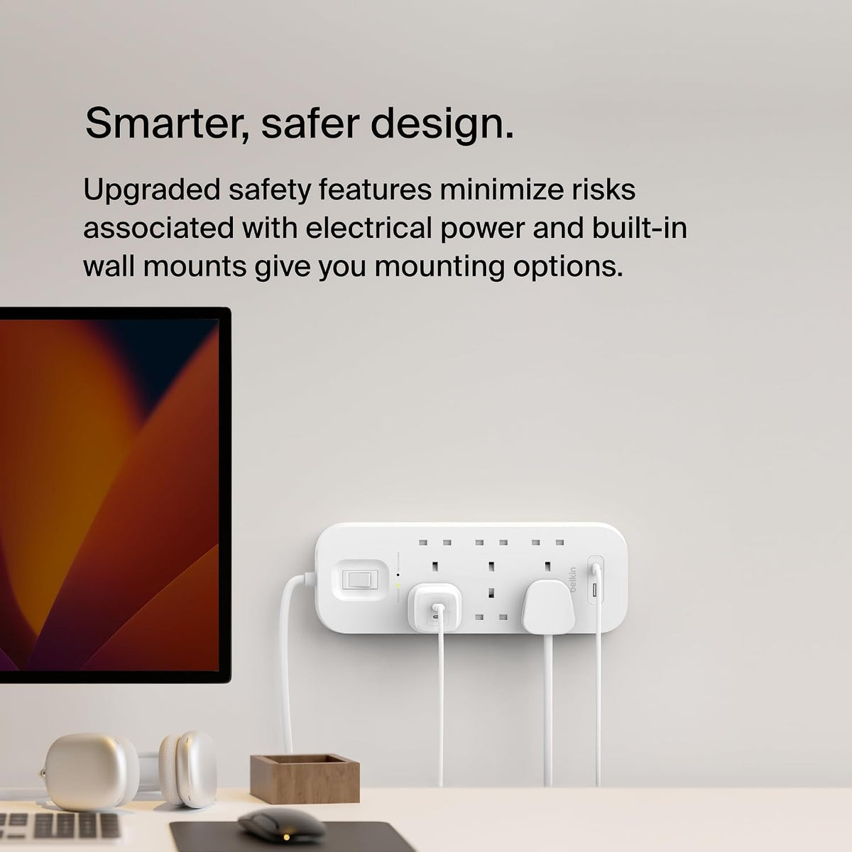 Belkin 6-Outlet Surge Protector Power Strip, Wall-Mountable with 6 AC Outlets, 2M Power Cord, & Green Indicator Light - USB-C Port & USB-A Port w/USB-C PD Fast Charging - 650 Joules of Protection