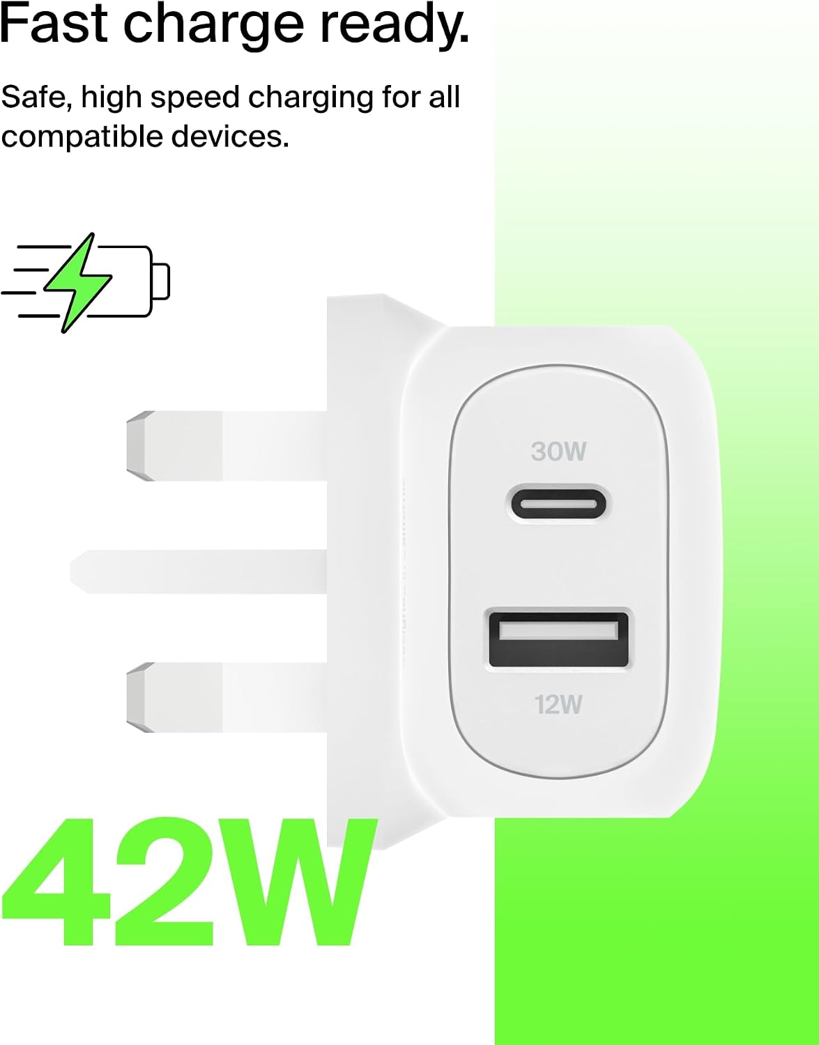 Belkin BoostCharge 42W Dual Port Wall Charger, USB-C + USB-A Charger Fast Charging for Apple iPhone 17, iPhone Air, 16, 15, 14, Samsung Galaxy S25, Pixel 10, iPad, AirPods, Tablet & More - White