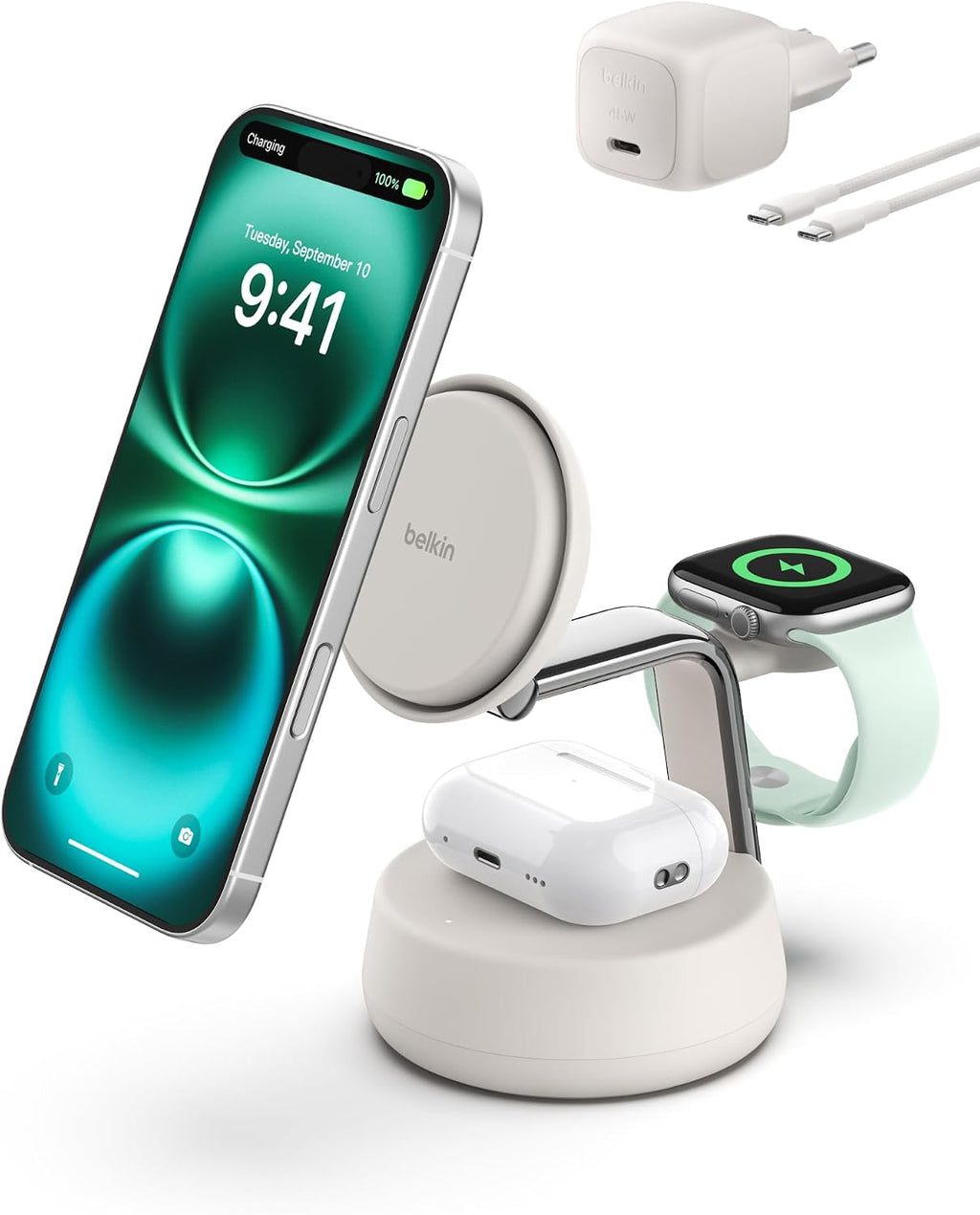 Belkin UltraCharge Pro Wireless Charging Station 25W, 3-in-1 Qi2.2 Certified MagSafe Compatible Charger for iPhone 17, Air, Apple Watch, AirPods, Pixelsnap, with Cooling Fan, 45W Adapter - Sand