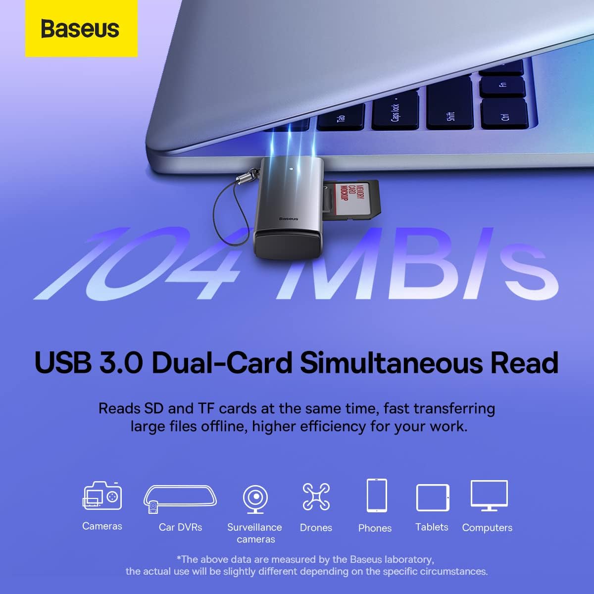 Baseus Lite Series SD Card Reader, USB 3.0 Adapter for SD/Micro SD, Dual Slot Simultaneous Read, 104MB/s High-Speed, 2TB Capacity, for Mac, PC, Laptop, Windows, Linux (Grey) — USB-A — Grey