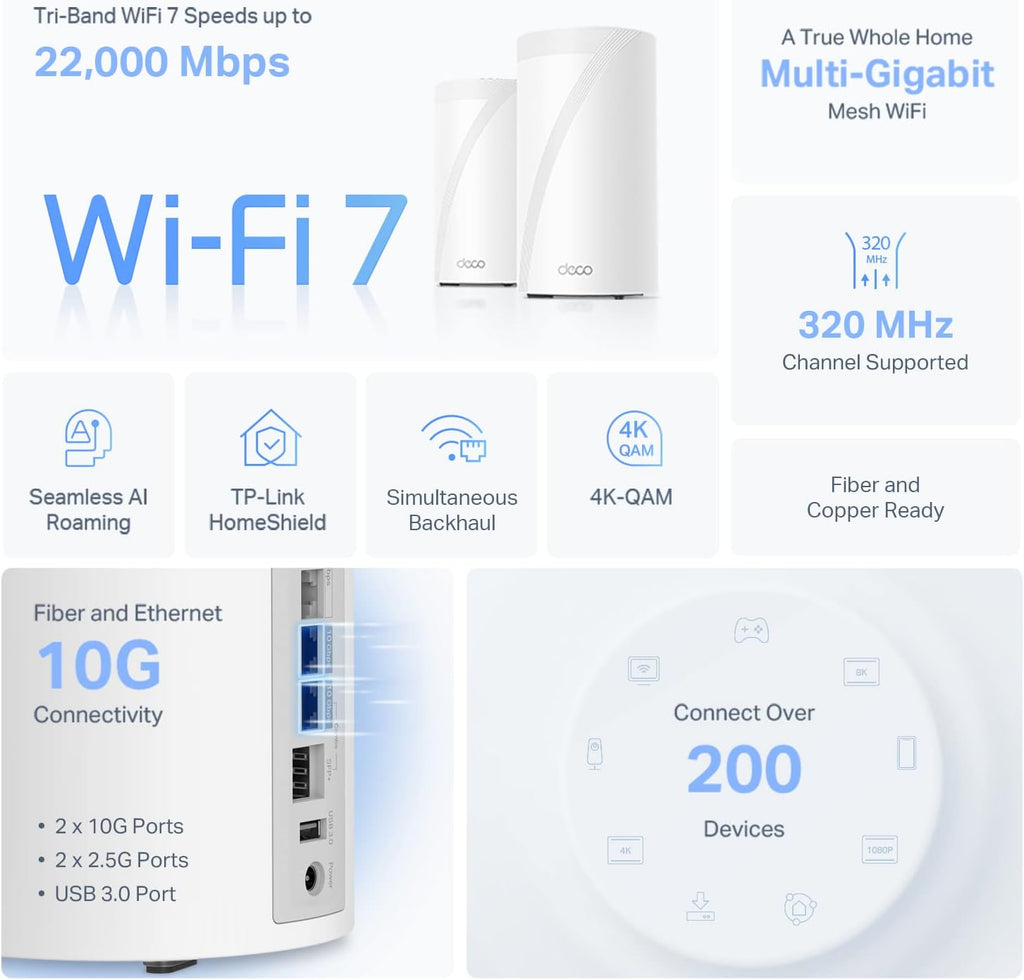 TP-Link Tri-Band WiFi 7 BE22000 Whole Home Mesh System (Deco BE85) | 12-Stream 22 Gbps | 2× 10G + 2× 2.5G Ports Wired Backhaul, 8× High-Gain Antennas | VPN, AI-Roaming, 4×4 MU-MIMO, HomeShield(3-Pack)