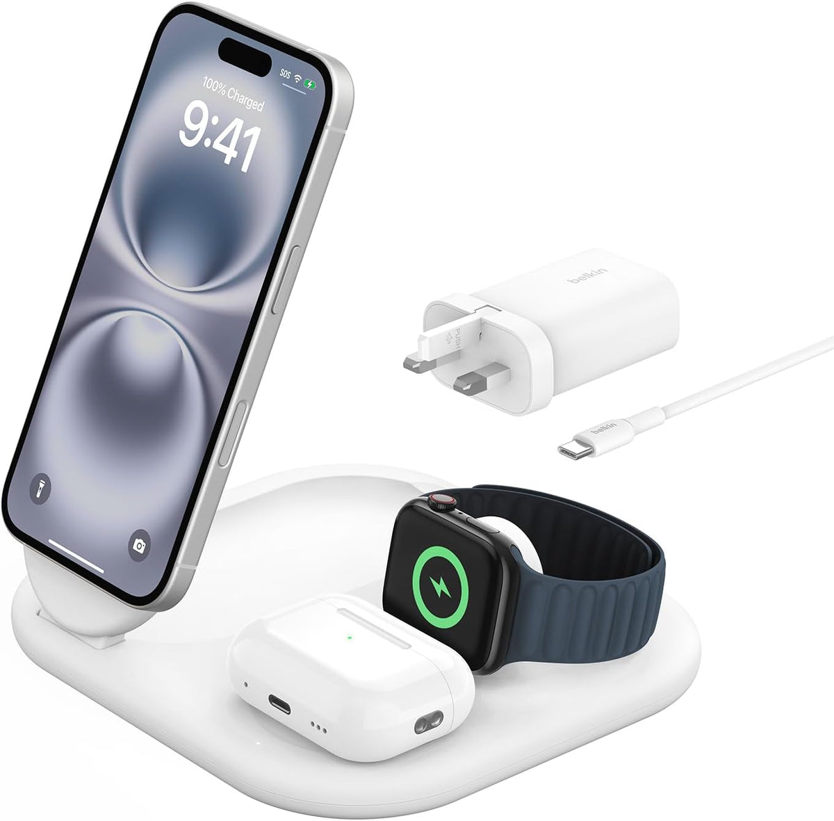 Belkin BoostCharge 3-in-1 Magnetic Foldable Charger with Qi2 15W, MagSafe Compatible Fast Charger for iPhone 17, Air, 16, Pixelsnap, Apple Watch, AirPods with Non-Slip Base, PSU Included - White
