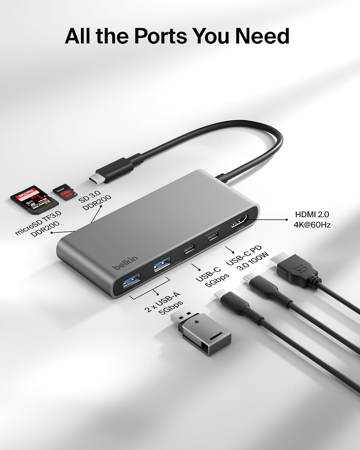 Belkin USB C Hub, 7-Port Hub w/ 4K HDMI Display @ 60Hz, SD & MicroSD, 100W Power Delivery, Fast Data Transfer 5Gbps, USB C Multiport Adapter for MacBook, iPad Pro, Chromebook - HDMI 2.0 - Grey