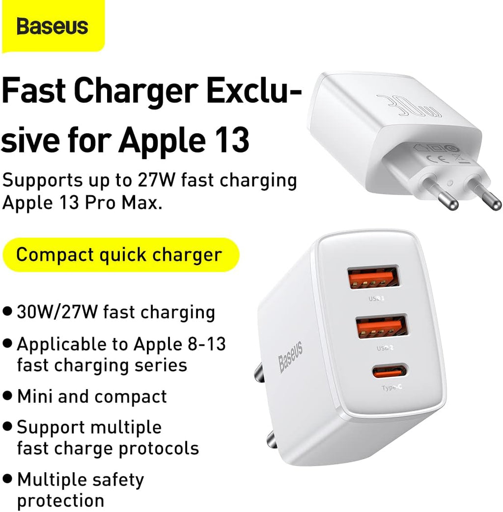 Baseus 30W Quick Charger 2U C, White, EU Plug — White