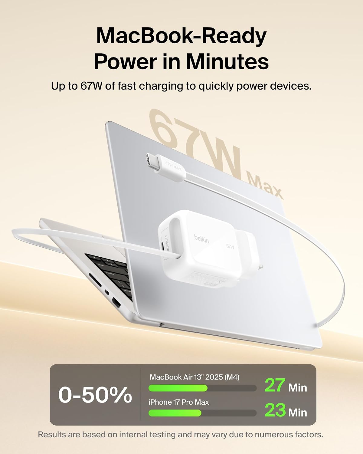Belkin USB-C Charger Plug 67W with 3.3ft Retractable USB C Cable & USB C Port - GaN iPhone Charger, Fast Charging for iPhone 17 & 16 Series, Galaxy S26 Series, AirPods, Tablet, MacBook, Chromebook