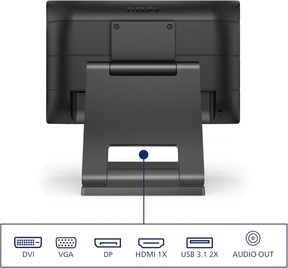 Philips 162B9T - 16 HD inch Touch Monitor, 60Hz, 4ms, TN, Speakers, Height Adjust (1366 x 768, 220 cd/m² HDMI/DVI/VGA/DP/USB 3.1) — Black