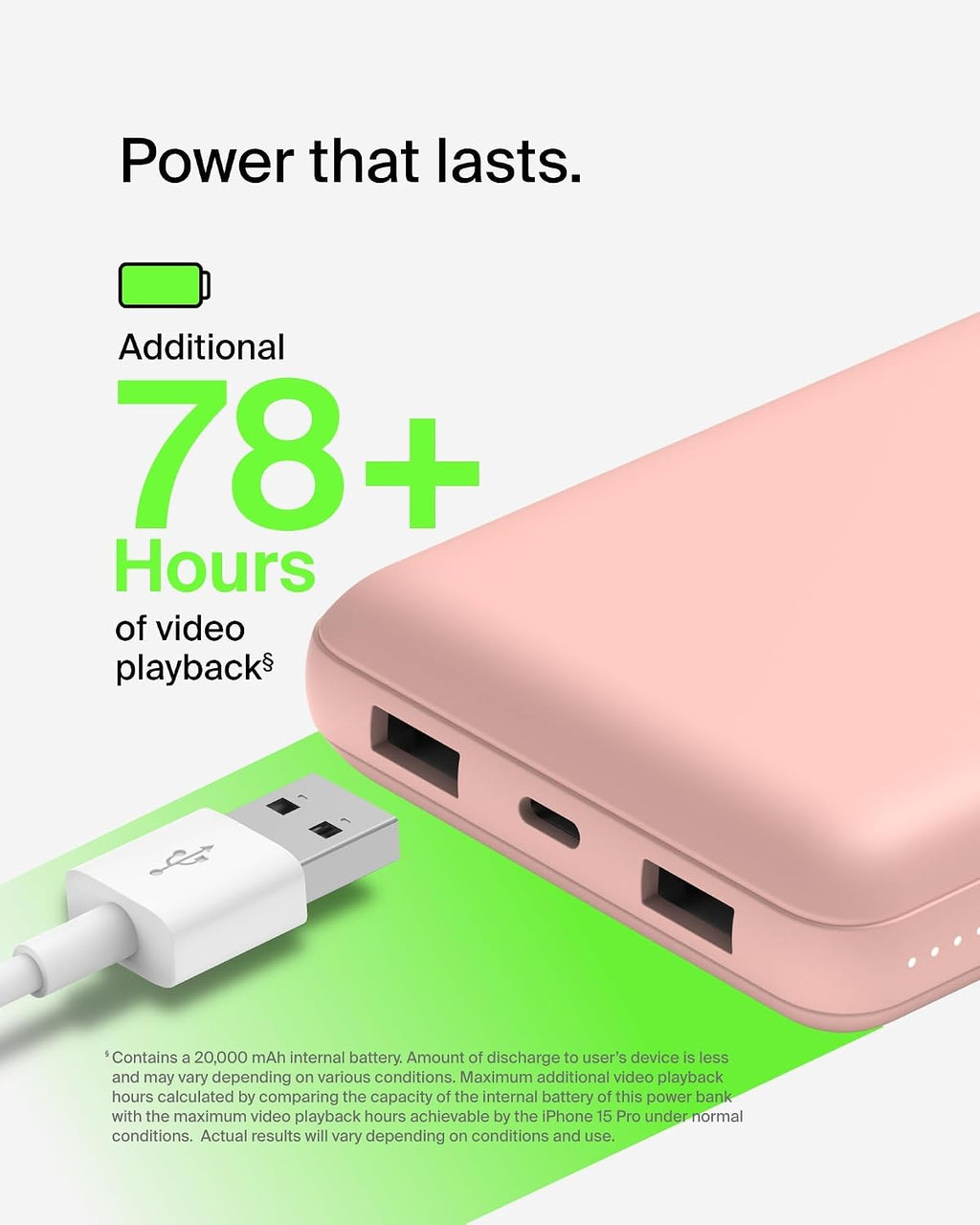 Belkin USB C Portable Charger 20000 mAh, 20K Power Bank with USB Type C Input Output Port and 2 USB A Ports with Included USB C to A Cable for iPhone, Galaxy, and More – Rose Gold