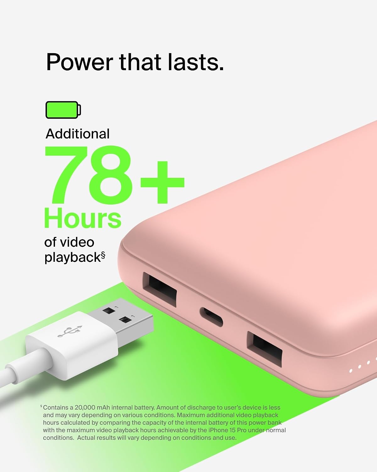 Belkin USB C Portable Charger 20000 mAh, 20K Power Bank with USB Type C Input Output Port and 2 USB A Ports with Included USB C to A Cable for iPhone, Galaxy, and More – Rose Gold