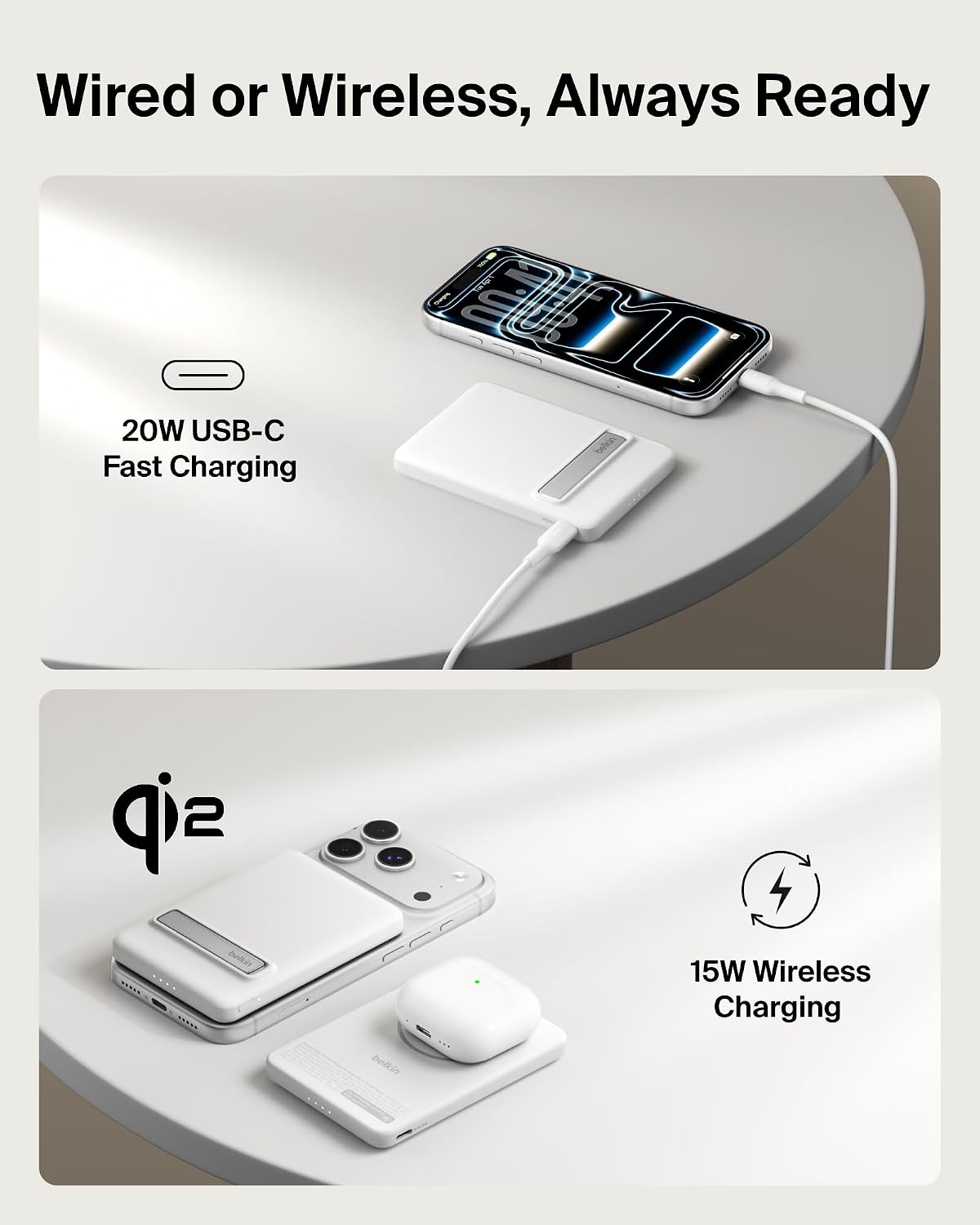 Belkin BoostCharge Portable Charger Qi2 15W, Slim Magnetic Power Bank 5000mAh with Kickstand, USB C Cable Included, Fast Charging Battery Pack for iPhone, AirPods, Galaxy, Pixel, iPad & More - White