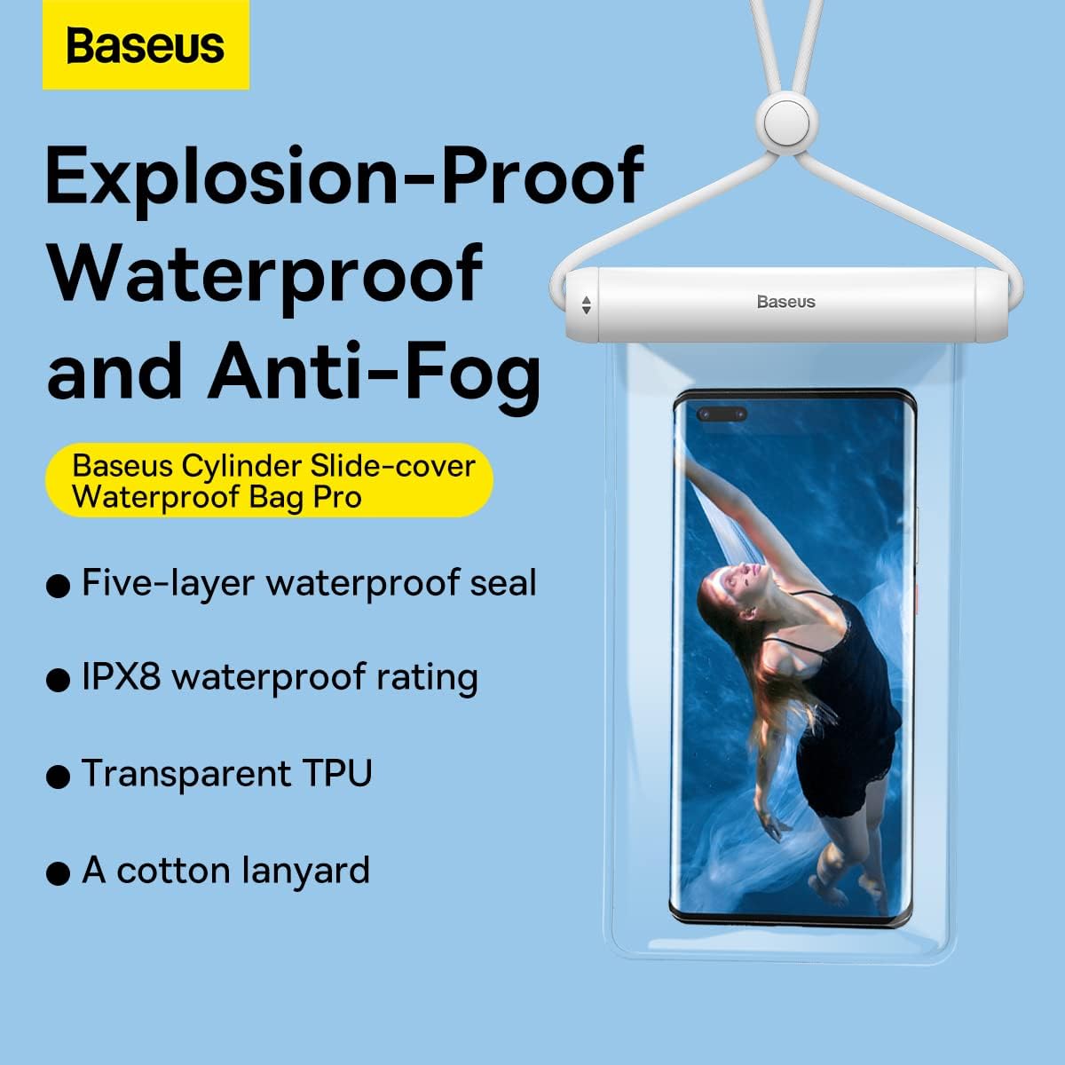 Baseus Waterproof Phone Pouch, Universal IPX8 Waterproof Protection Dry Bag with Neck and Wrist Strip — Cylinder Lock — White