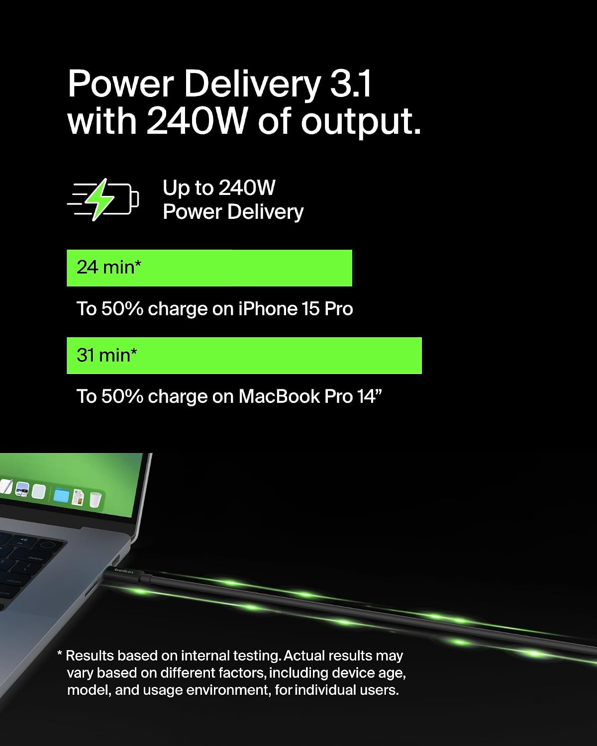 Belkin Connect USB4 Cable (2M Power Cable), USB-C to USB-C Cable w/ 240W Power Delivery + 20Gbps - USB4 Compliant Power Cable, Compatible with MacBook, Windows, Chromebook, & More