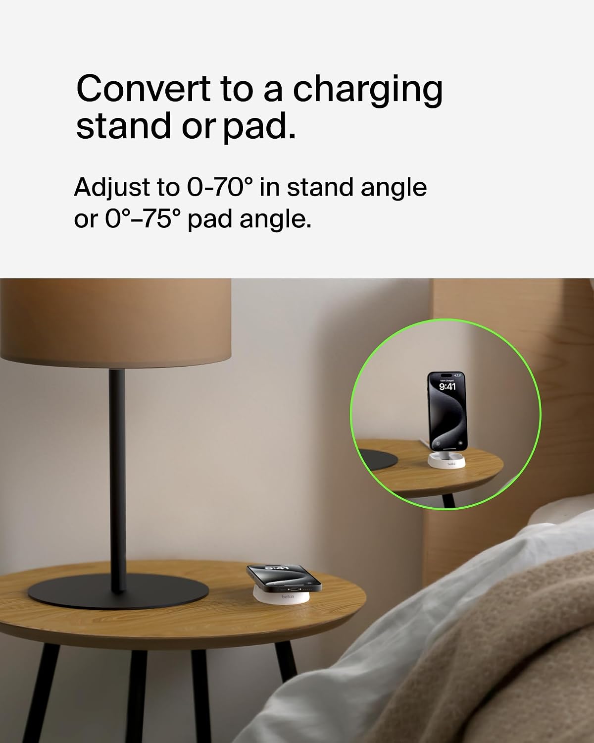 Belkin BoostCharge Pro 15W convertible magnetic wireless charging stand, MagSafe compatible fast Qi2 wireless charger, magnetic fast charger for Apple iPhone 16, 15, 14, 13, 12, AirPods Pro - White