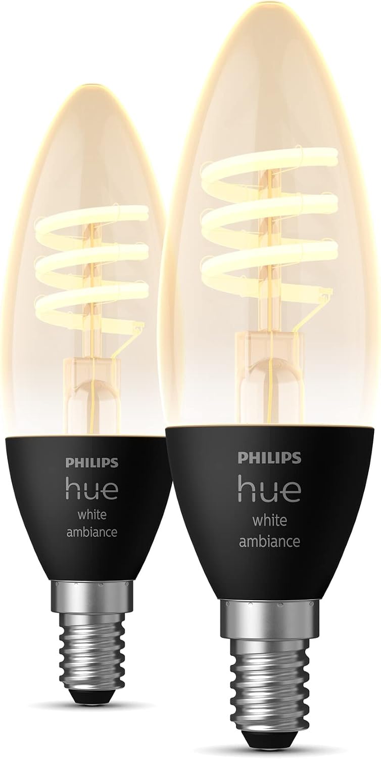 Philips Hue Filament Candle 2 Pack White Ambiance LED Smart Light Bulb [E14 Small Edison Screw] 4.9W for Indoor Home Lighting. Bedroom, Livingroom and Dining. — White Ambiance