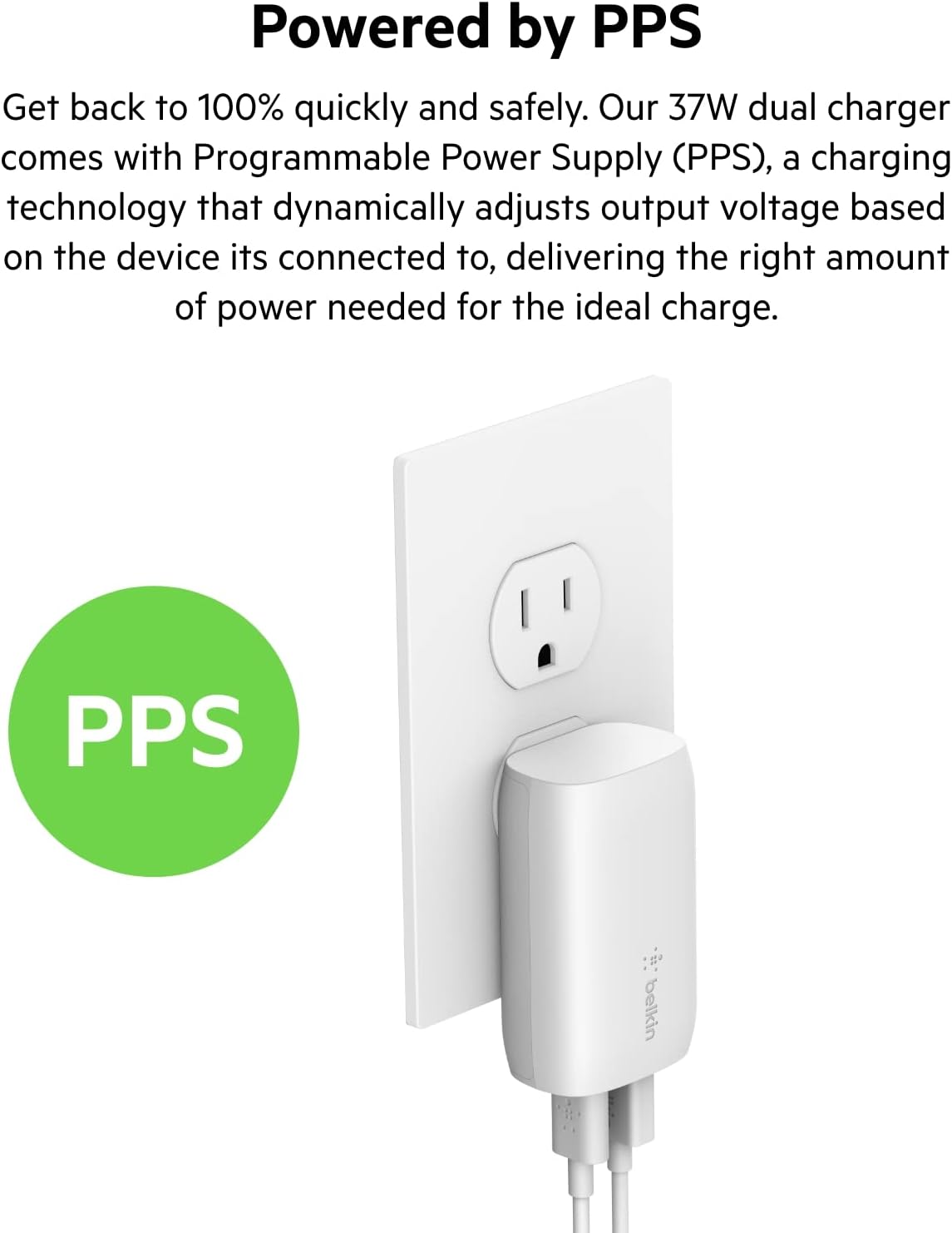 Belkin 37W USB Type C PPS PD Dual Port Wall Phone Charger, Power Delivery 25W USB C Port and 12W USB A Port for Fast Charging Galaxy S22, S21, Ultra, Plus, Note 20, iPhone and More