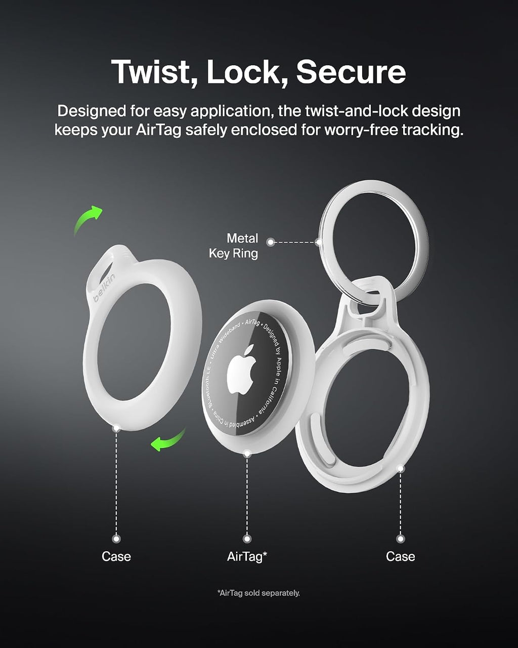 Belkin AirTag Case with Key Ring (Secure Holder Protective Cover for Air Tag with Scratch Resistance Accessory) – 2-pack, White