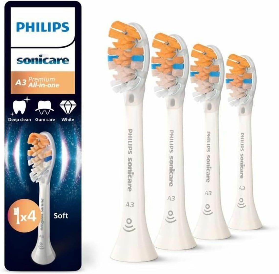 Philips Sonicare A3 Premium All-in-One, Genuine Replacement Toothbrush Heads, White, 4 Pack, HX9094/87 — White