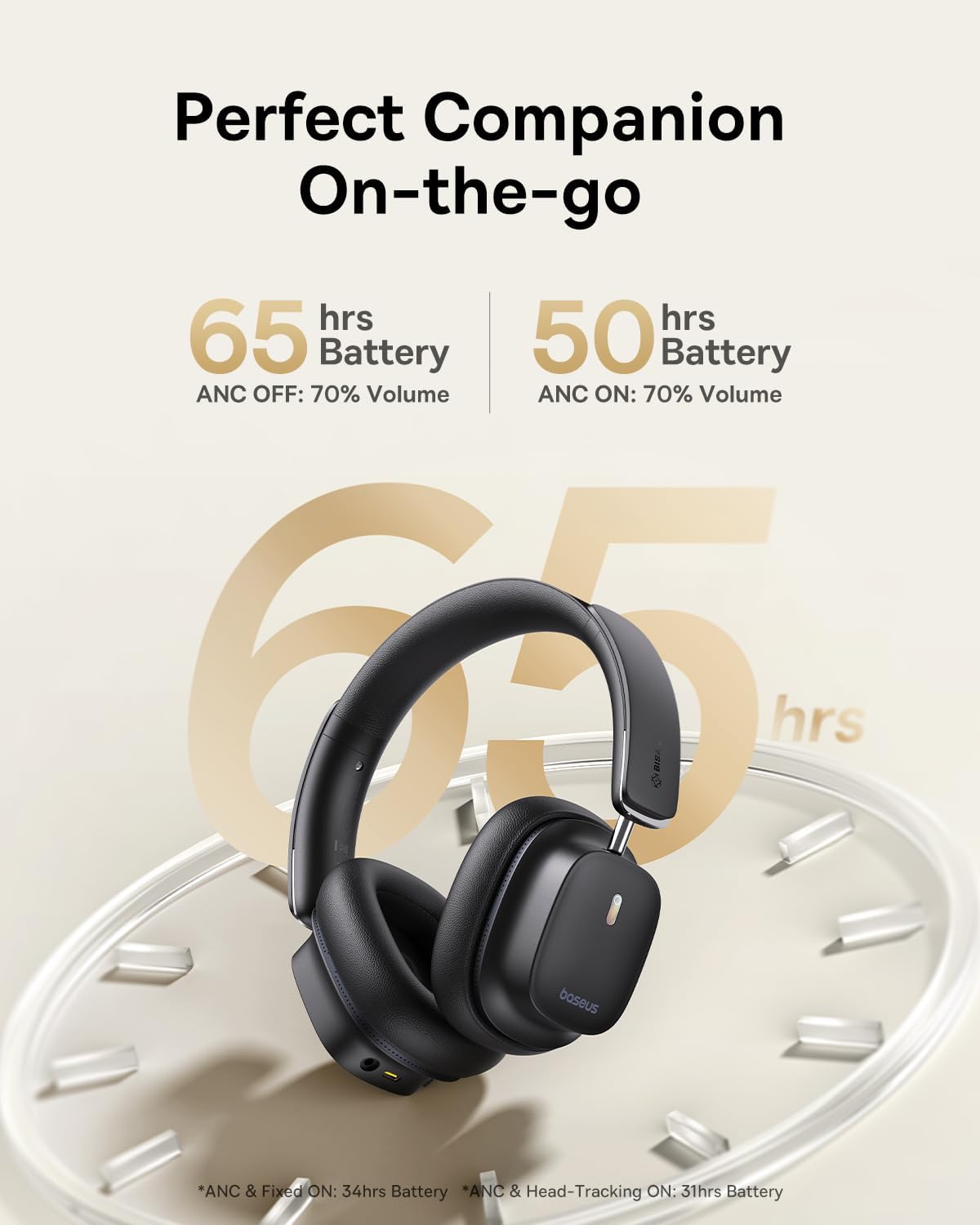 Baseus Bowie 30 Max Active Noise Cancelling Headphones, Head Tracking Spatial Audio, LDAC Hi-Res Wireless Sound, 65H Playtime, Comfort Fit, Clear Calls, App Control — Black