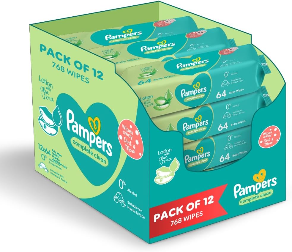 Pampers Complete Clean Baby Wipes with Aloe Vera Lotion,12 Packs,768 Count