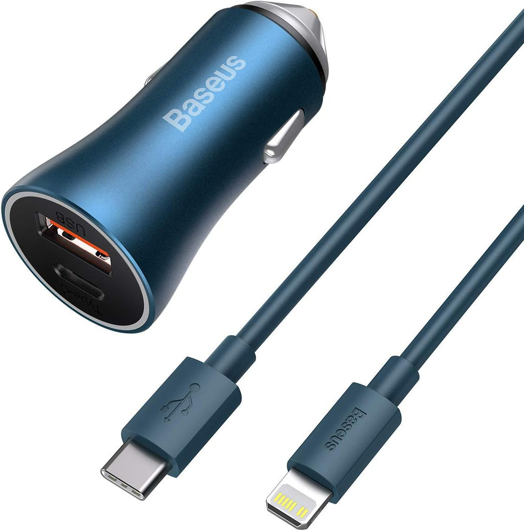 Baseus Car Charger 40W USB C Adaptor, PD 3.0 QC 4.0 Phone Fast Charging With Simple Wisdom Data Cable Type-C to Lightning Cable 1M — Blue