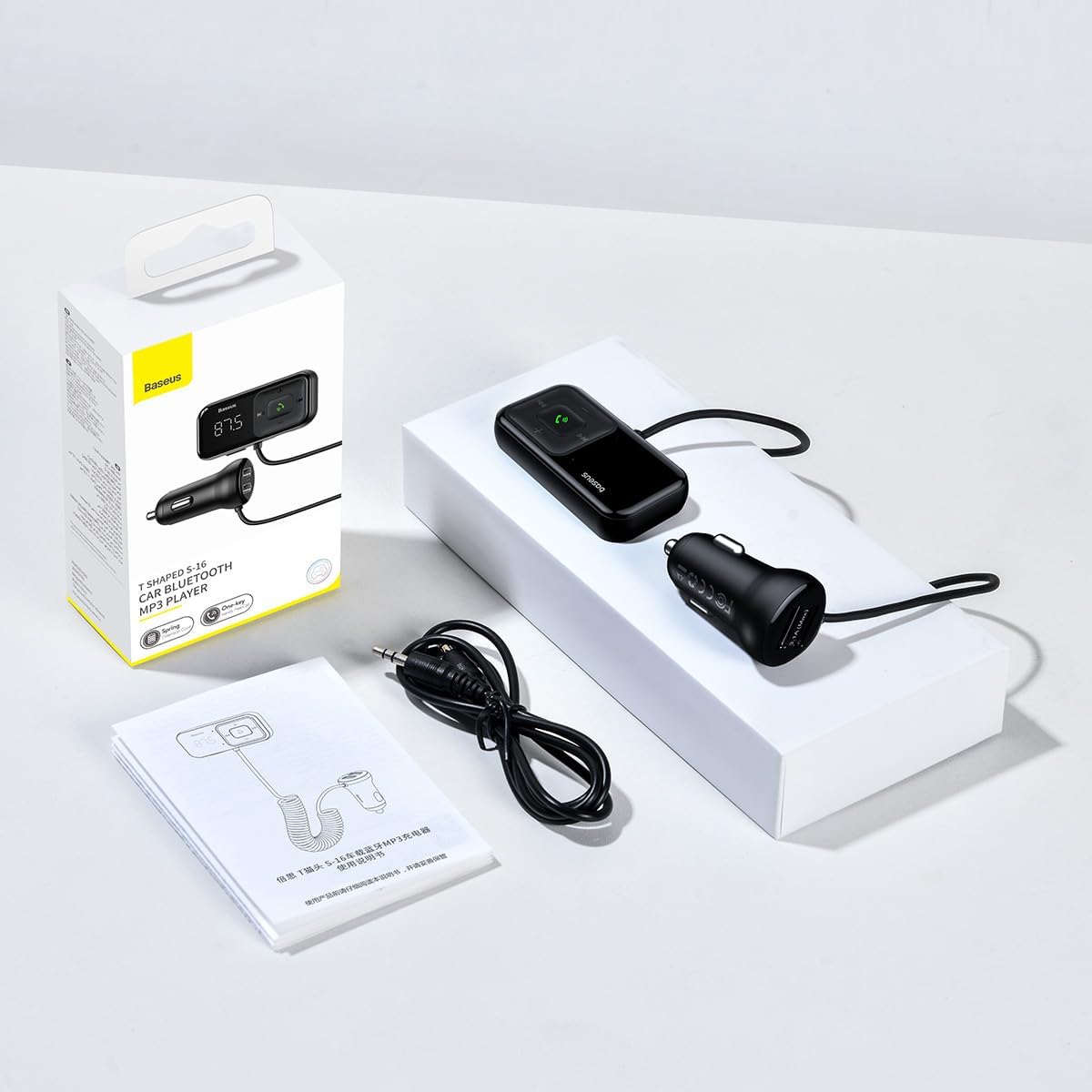 Baseus T Typed S16 Wireless MP3 & Car Charger, Wireless Handsfree Car Kit Aux Audio MP3 Player Built-in Mic for Bluetooth Phone Calls, Quick Car Phone Charger — Black