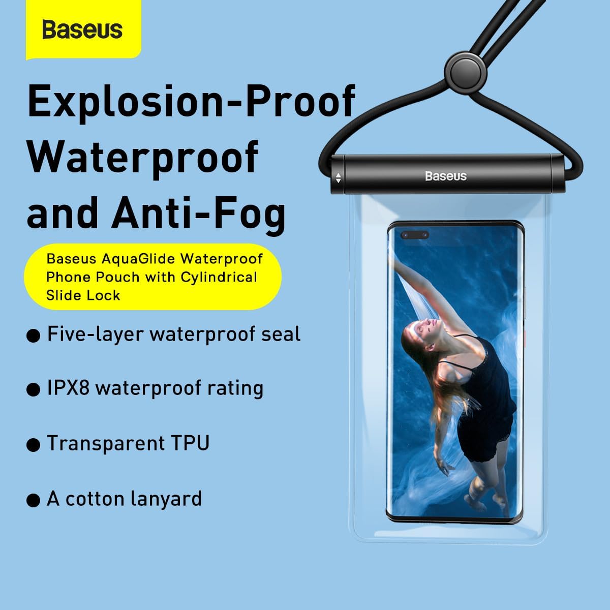 Baseus Waterproof Phone Pouch, AquaGlide IPX8 Waterproof Protection Dry Bag with Neck and Wrist Strip — Cylinder Lock (AG) — Blue