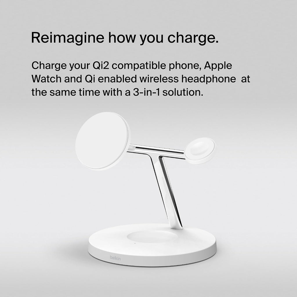 Belkin BoostCharge Pro 3-in-1 Wireless Charger with Qi2 for iPhone 17, Air, 16, 15, 14, 13, 12 + Apple Watch + AirPods + Pixelsnap, 15W MagSafe Compatible Charging Station - White