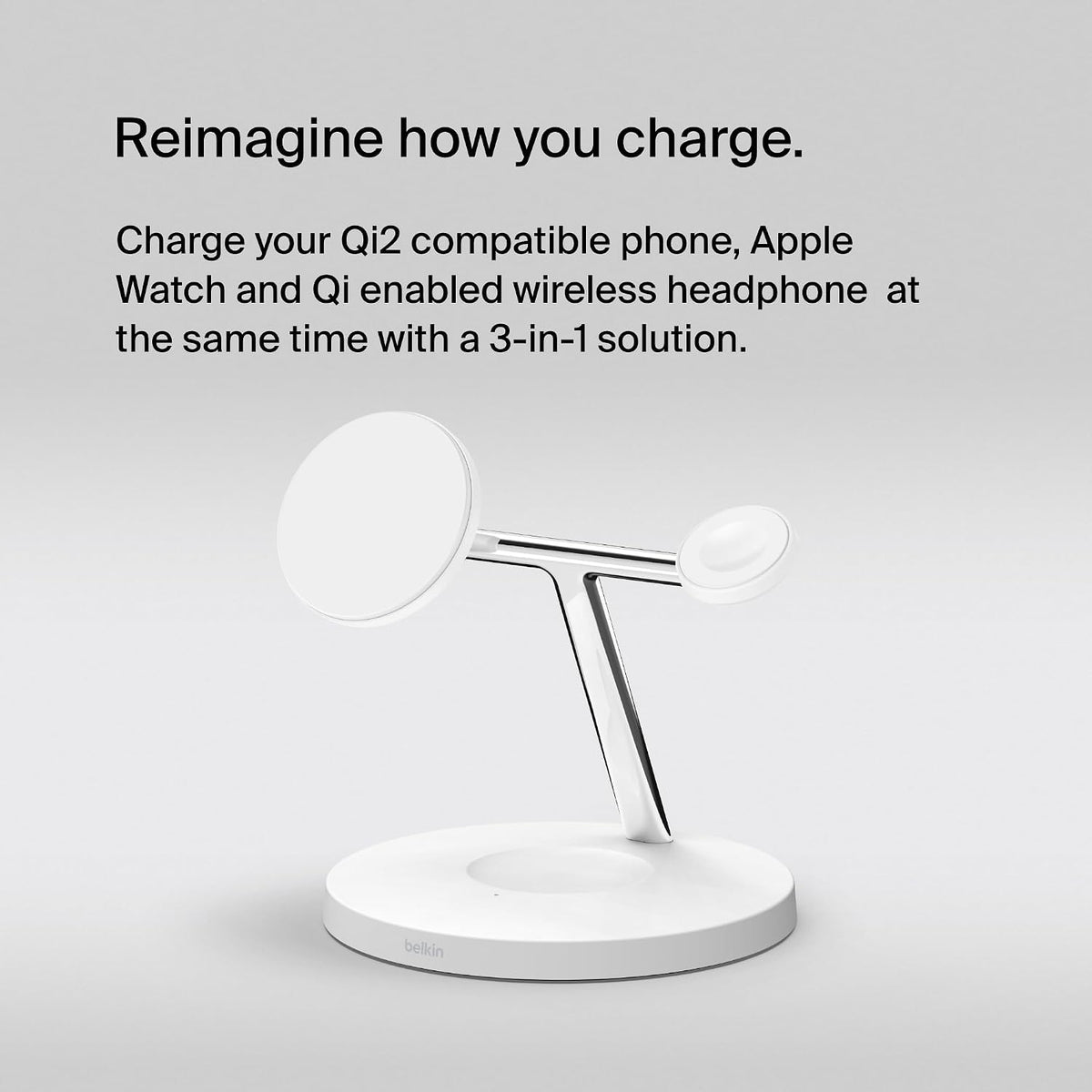 Belkin BoostCharge Pro 3-in-1 Wireless Charger with Qi2 for iPhone 17, Air, 16, 15, 14, 13, 12 + Apple Watch + AirPods + Pixelsnap, 15W MagSafe Compatible Charging Station - White