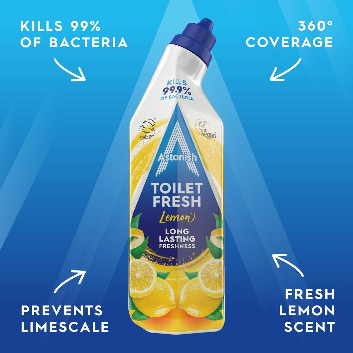 Astonish Toilet Fresh - Lemon - Long Lasting Fragrance - Kills 99.9% Bacteria - 360 Degree - Easy Cleaning - Prevent Limescale Buildup - Fast Working - Cruelty Free - Vegan -750ML * 3 Pack — additional product view 5