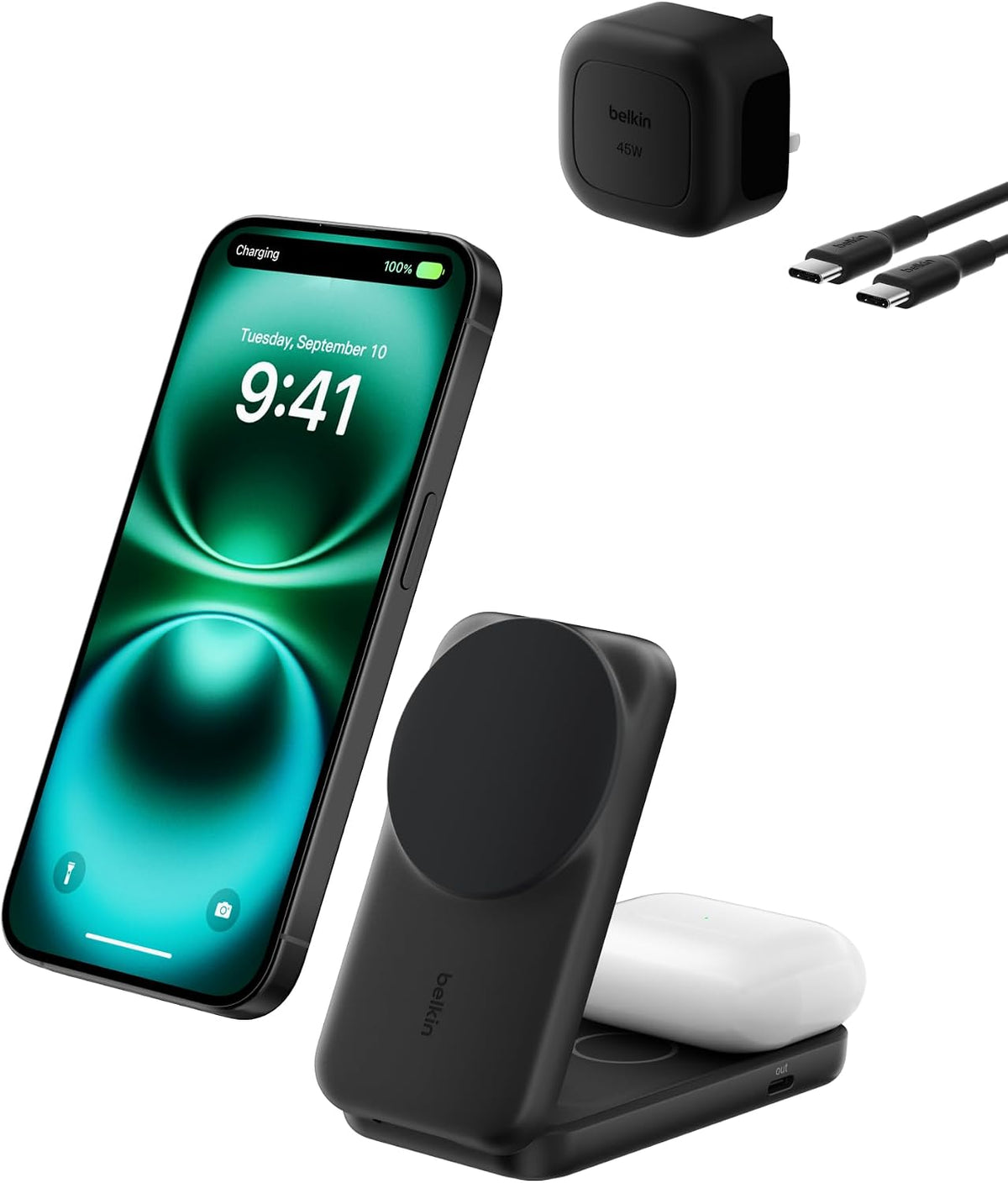 Belkin UltraCharge 2-in-1 Wireless Charger 25W, Qi2.2 Certified MagSafe Compatible Charger, Charging Station for iPhone 17, Air, AirPods, Pixelsnap, Magnetic Stand with USB-C Port, 45W Adapter - Black