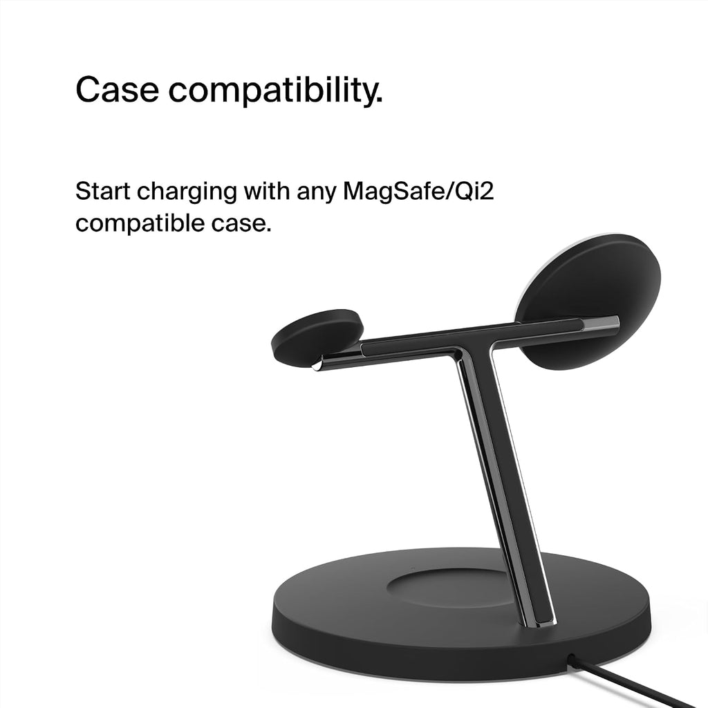 Belkin BoostCharge Pro 3-in-1 Wireless Charger with Qi2 for iPhone 17, Air, 16, 15, 14, 13, 12 + Apple Watch + AirPods + Pixelsnap, 15W MagSafe Compatible Charging Station - Black