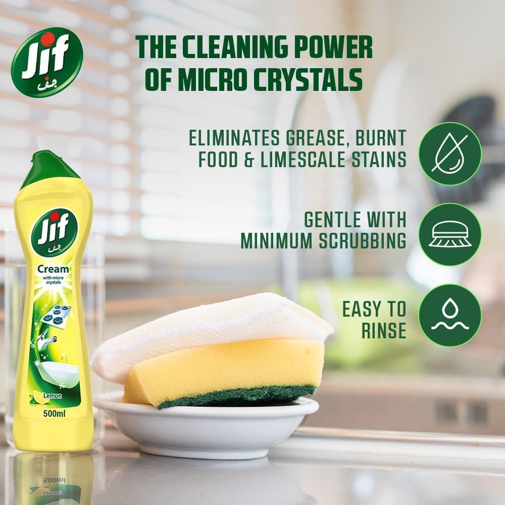 JIF Cream Cleaner, with Micro Crystals Technology, Lemon Scent, Burnt Food and Limescale Stains, 500ml + JIF Multipurpose Foaming Spray Cleaner, Lemon Scent, for 100% Stain and Grease Removal, 500ml — additional product view 3