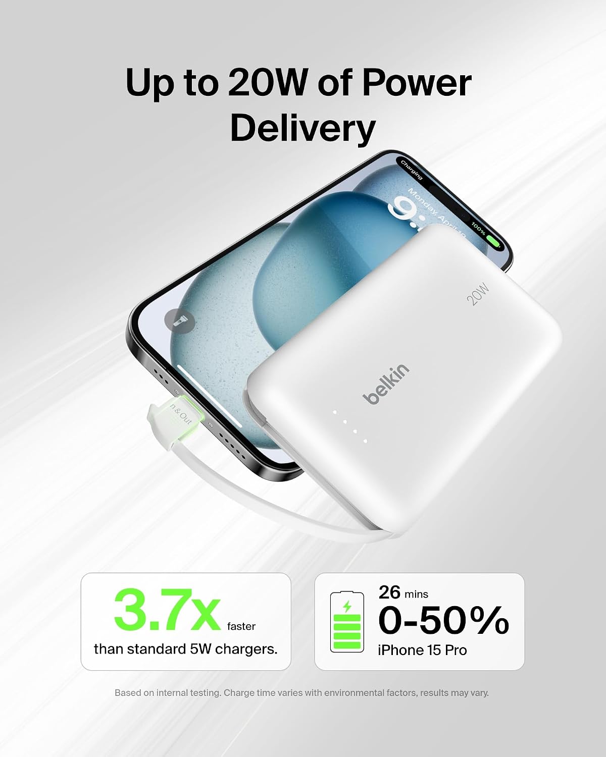 Belkin Fast Charge, Portable with Integrated Cable 10K PD 20W - Fast Charge -C Power Delivery, iPhone Fast Charging for iPhone 17 Series, iPad Pro, Galaxy S25, More