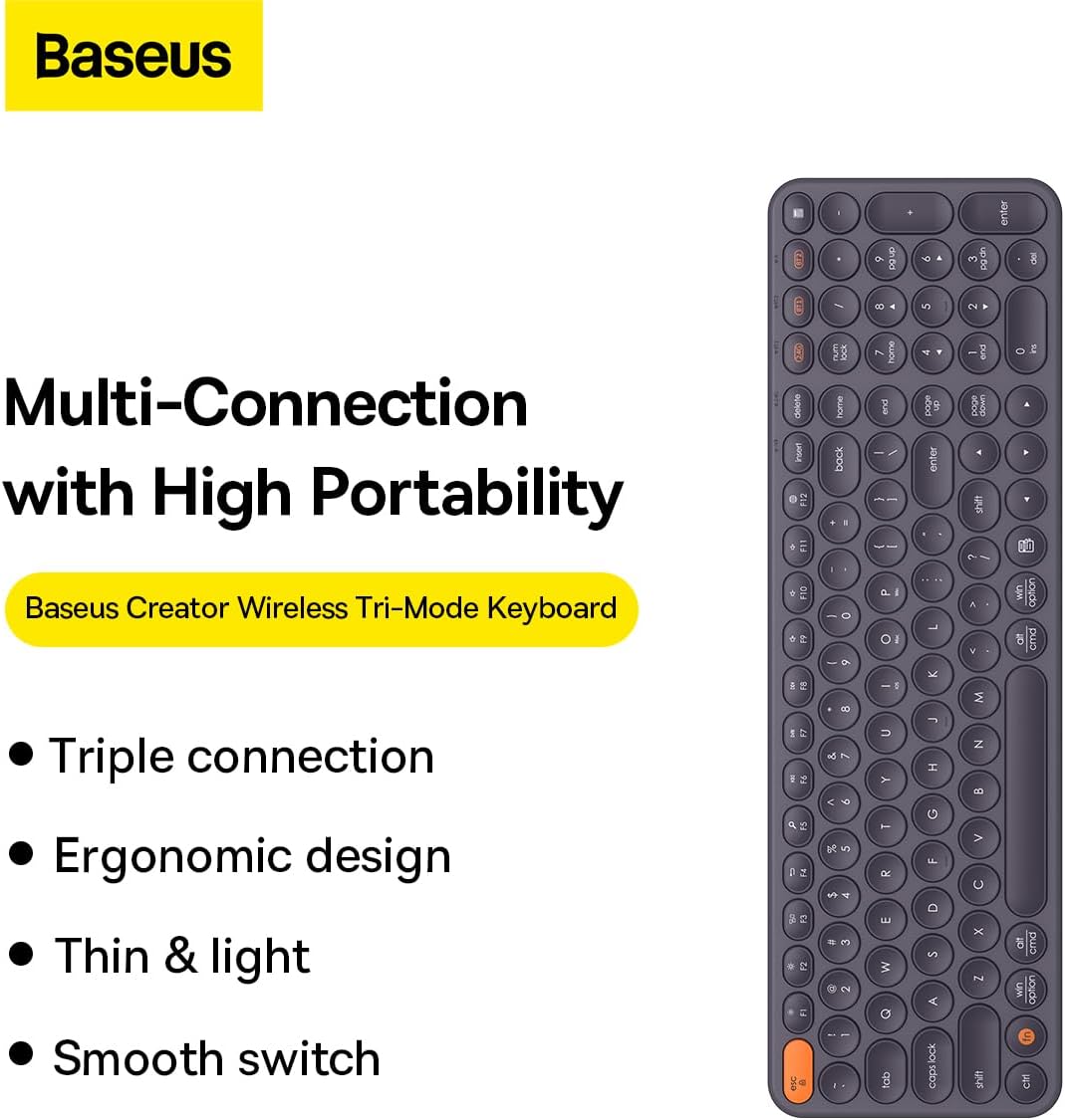 Baseus Wireless Keyboard for Desktops, K01B Tri-Mode Wireless Multi-Device Keyboard, Ultra-Slim Keyboard for Computer, Desktop, PC, Laptop and Windows